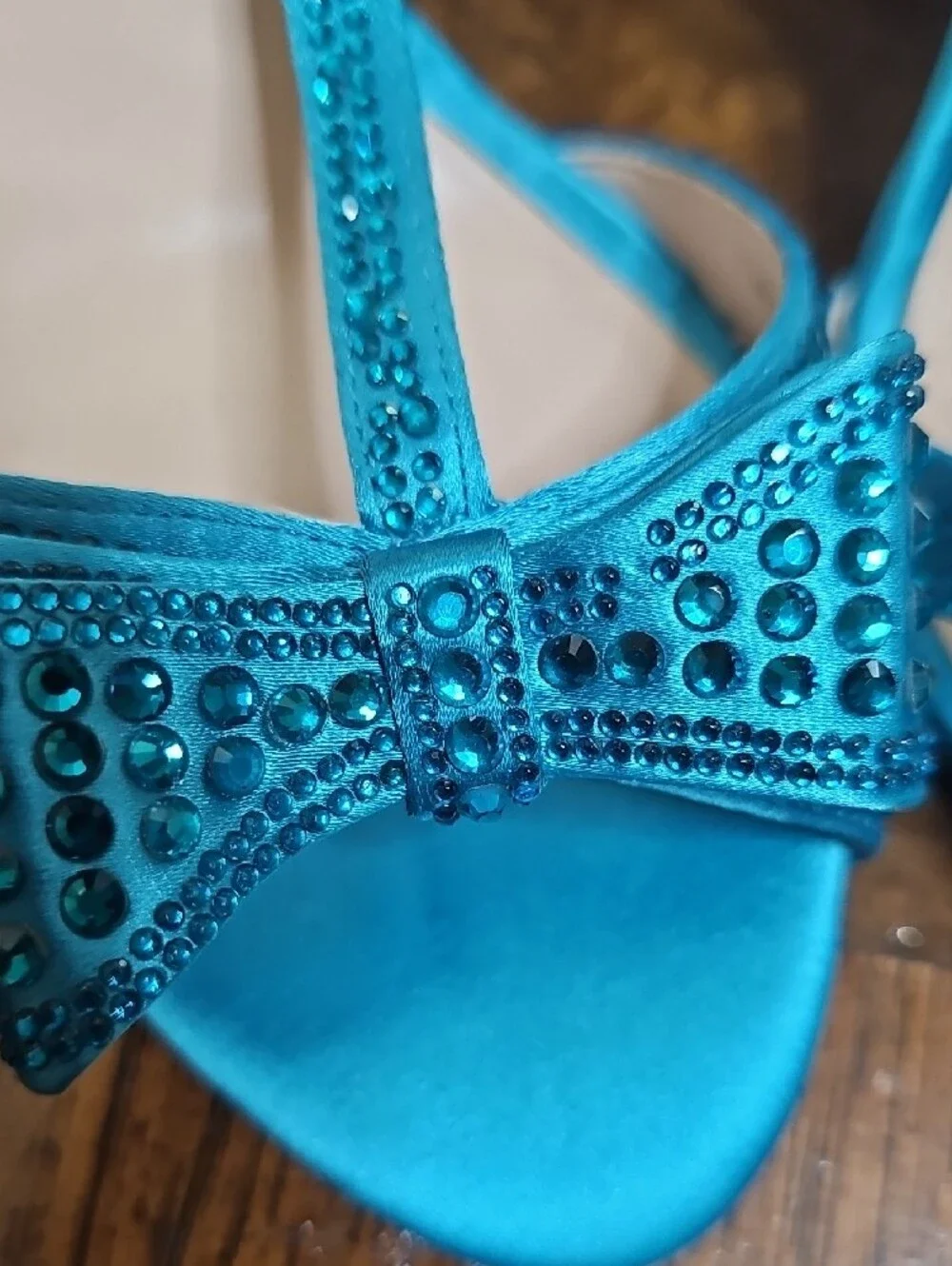 Elegant Teal Satin T-Strap Heels with Bow Accent